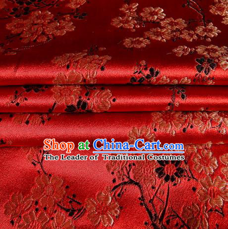 Chinese Traditional Costume Royal Palace Plum Blossom Pattern Red Satin Brocade Fabric, Chinese Ancient Clothing Drapery Hanfu Cheongsam Material