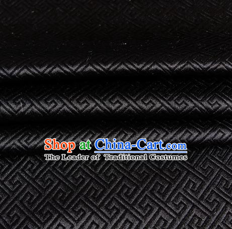 Chinese Traditional Costume Royal Palace Great Wall Pattern Black Satin Brocade Fabric, Chinese Ancient Clothing Drapery Hanfu Cheongsam Material