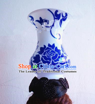Asian Traditional Blue and White Porcelain Headpieces Model Show Headdress Ceremonial Occasions Handmade Hair Accessories
