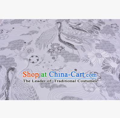 Chinese Traditional Costume Royal Palace Jacquard Weave White Crane Brocade Fabric, Chinese Ancient Clothing Drapery Hanfu Cheongsam Material