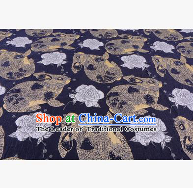 Chinese Traditional Costume Royal Palace Golden Rabbit Flowers Pattern Navy Fabric, Chinese Ancient Clothing Drapery Hanfu Cheongsam Material