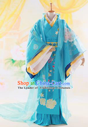 Traditional Ancient Chinese High-Grade Imperial Princess Costume, Chinese Han Dynasty Lady Elegant Dress, Chinese Fairy Blue Clothing Embroidered Hanfu for Women