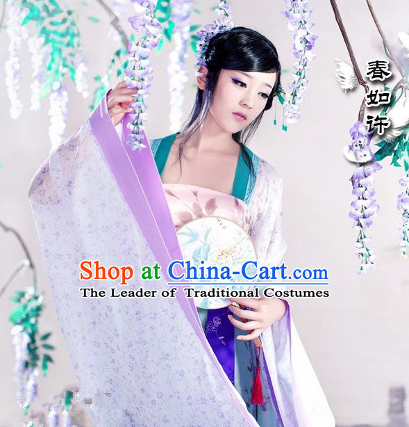 Traditional Ancient Chinese Water Sleeves Dance Costume, Elegant Chinese Tang Dynasty Tailing Embroidered Clothing for Women