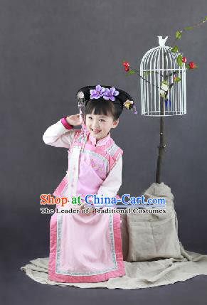 Traditional Ancient Chinese Children Costume, Chinese Qing Dynasty Manchu Little Lady Dress, Chinese Mandarin Robes Imperial Concubine Embroidered Clothing for Kids