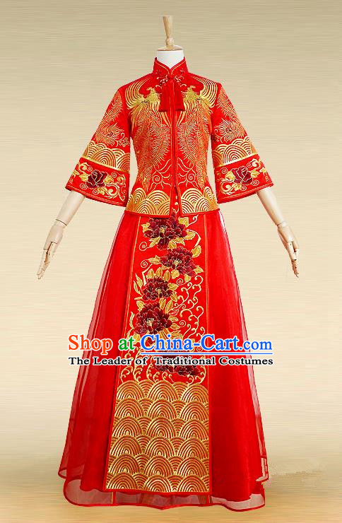 Traditional Ancient Chinese Costume Xiuhe Suits, Chinese Style Wedding Bride Dress, Restoring Ancient Women Red Embroidered Phoenix Flown, Bride Toast Cheongsam for Women