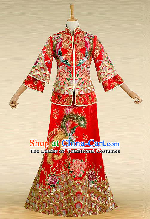Traditional Ancient Chinese Costume Hot Fix Rhinestone Xiuhe Suits, Chinese Style Wedding Bride Full Dress, Restoring Ancient Women Red Embroidered Dragon and Phoenix Slim Fishtail Flown, Bride Toast Cheongsam for Women