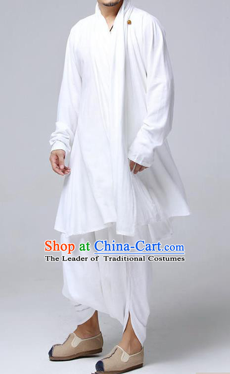Top Chinese National Tang Suits Frock Costume Complete Set, Martial Arts Kung Fu Training Uniform Kung fu Unlined Upper Garment and Pants, Chinese Male White Zen Suit, Taichi Suits Wushu Clothing for Men