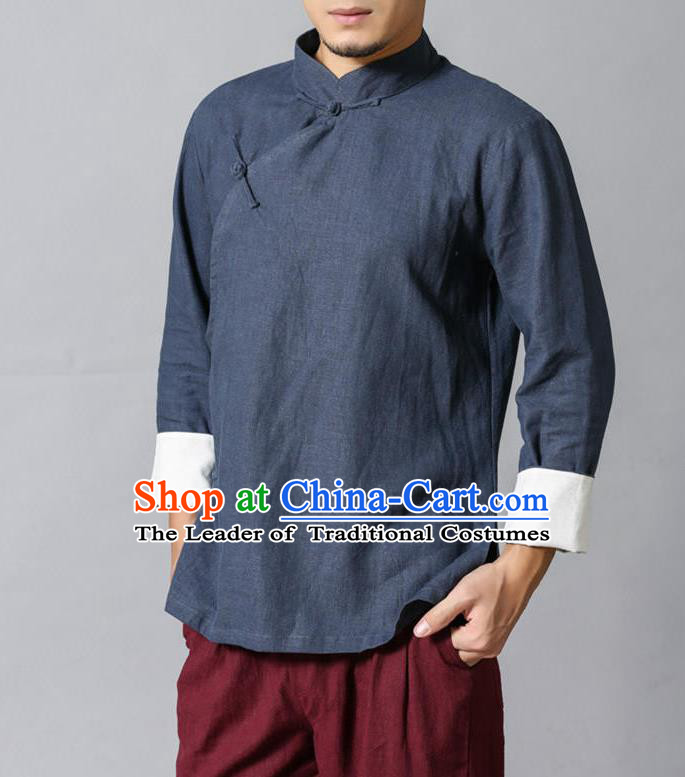 Top Chinese National Tang Suits Flax Frock Costume, Martial Arts Kung Fu Slant Opening Stand Collar Dusty Blue Blouse, Kung fu Plate Buttons Unlined Upper Garment Blouse, Chinese Taichi Shirts Wushu Clothing for Men