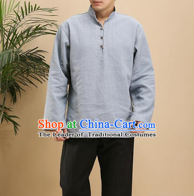 Traditional 	Top Chinese Yunnan National Tang Suits Flax Frock Costume, Martial Arts Kung Fu Long Sleeve Light Blue T-shirt, Kung fu Plate Buttons Unlined Upper Garment Blouse, Chinese Taichi Shirts Wushu Clothing for Men