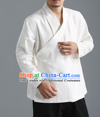 Traditional Top Chinese National Tang Suits Flax Frock Costume, Martial Arts Kung Fu Slant Opening White Coats, Kung fu Unlined Upper Garment Jacket, Chinese Taichi Short Coats Wushu Clothing for Men