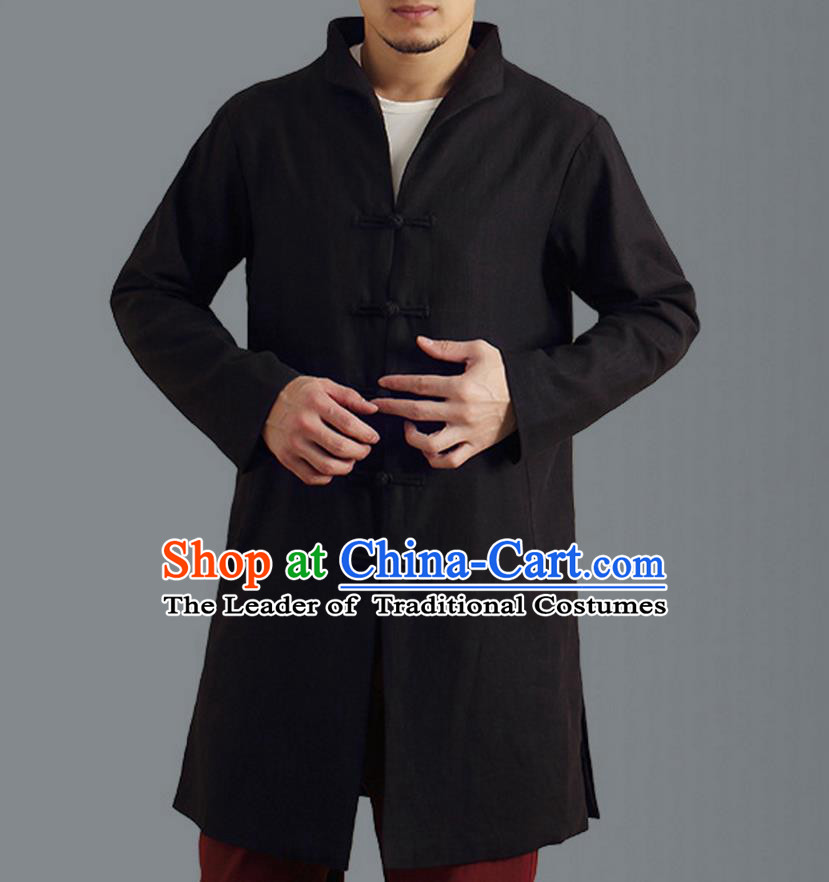 Traditional Top Chinese National Tang Suits Linen Frock Costume, Martial Arts Kung Fu Front Opening Stand Collar Black Coats, Kung fu Plate Buttons Side Slit Robes, Chinese Taichi Dust Coats Wushu Clothing for Men