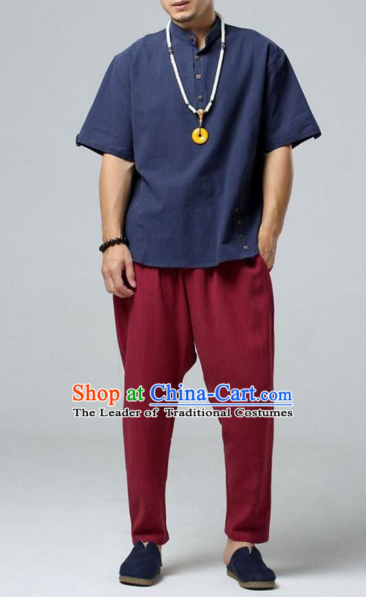 Traditional Top Chinese National Tang Suits Linen Frock Costume, Martial Arts Kung Fu Stand Collar Short Sleeve MazarineT-Shirt, Kung fu Plate Buttons Upper Outer Garment, Chinese Taichi Shirts Wushu Clothing for Men