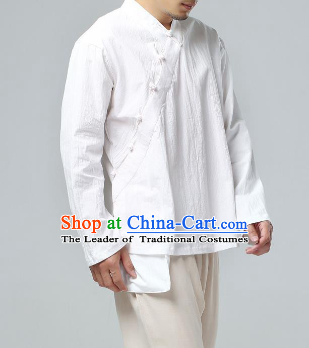 Traditional Top Chinese National Tang Suits Linen Frock Costume, Martial Arts Kung Fu Slant Opening Long Sleeve White Shirt, Kung fu Plate Buttons Upper Outer Garment Meditation Suit, Chinese Taichi Shirts Wushu Clothing for Men