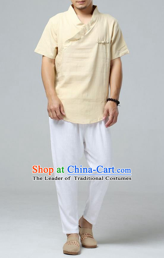 Traditional Top Chinese National Tang Suits Linen Frock Costume, Martial Arts Kung Fu Short Sleeve Yellow T-Shirt, Kung fu Upper Outer Garment, Chinese Taichi Shirts Wushu Clothing for Men