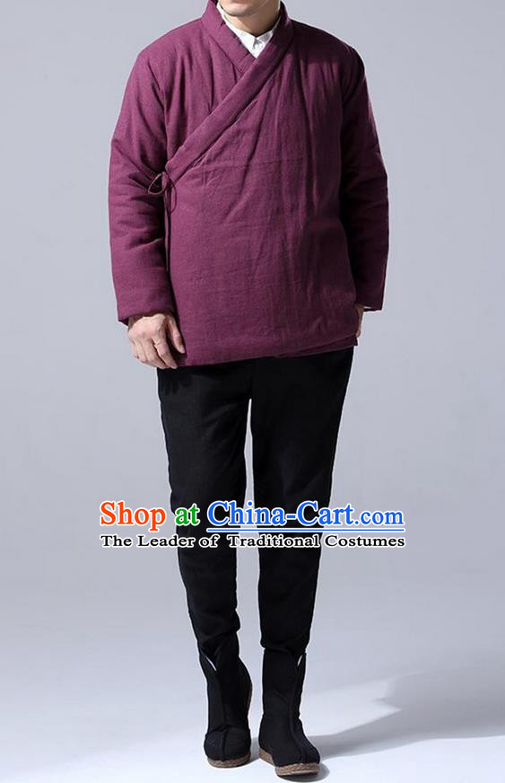 Traditional Top Chinese National Tang Suits Linen Costume, Martial Arts Kung Fu Slant Opening Fuchsia Coats, Kung fu Tying on Cotton-Padded Jacket, Chinese Taichi Cotton-Padded Short Coats Wushu Clothing for Men