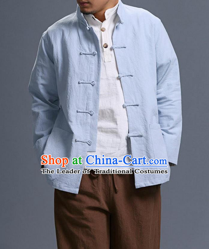 Traditional Top Chinese National Tang Suits Linen Costume, Martial Arts Kung Fu Front Opening Stand Collar Light Blue Coats, Kung fu Plate Buttons Jacket, Chinese Taichi Short Coats Wushu Clothing for Men