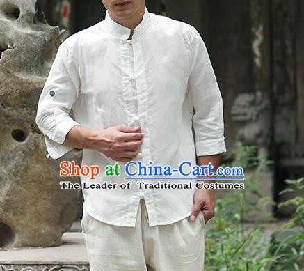Traditional Top Chinese National Tang Suits Linen Frock Costume, Martial Arts Kung Fu Stand Collar White Shirt, Kung fu Plate Buttons Thin Upper Outer Garment Blouse, Chinese Taichi Thin Shirts Wushu Clothing for Men