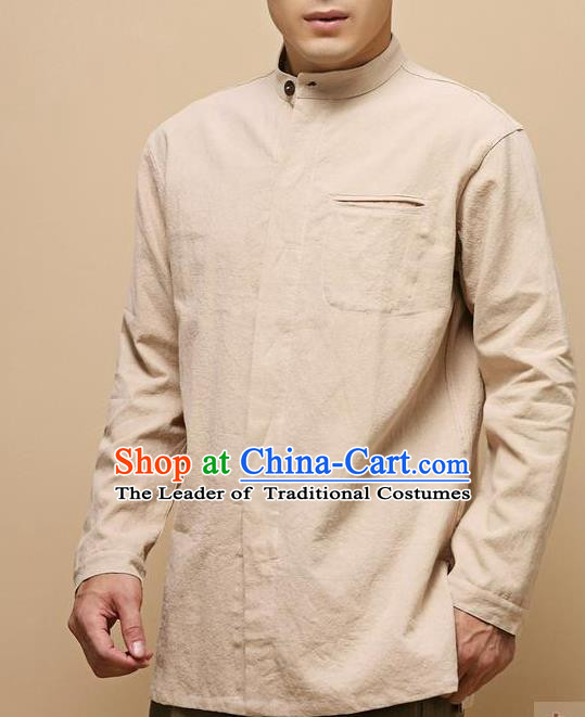 Traditional Top Chinese National Tang Suits Linen Frock Costume, Martial Arts Kung Fu Chinese Tunic Suit Beige Shirt, Sun Yat Sen Suit Thin Upper Outer Garment Blouse, Chinese Taichi Thin Shirts Wushu Clothing for Men
