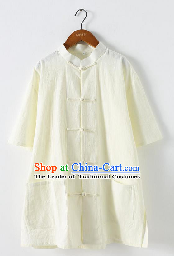 Traditional Top Chinese National Tang Suits Linen Front Opening Costume, Martial Arts Kung Fu Stand Collar Short Sleeve White T-Shirt, Chinese Kung fu Plate Buttons Upper Outer Garment Blouse, Chinese Taichi Thin Shirts Wushu Clothing for Men