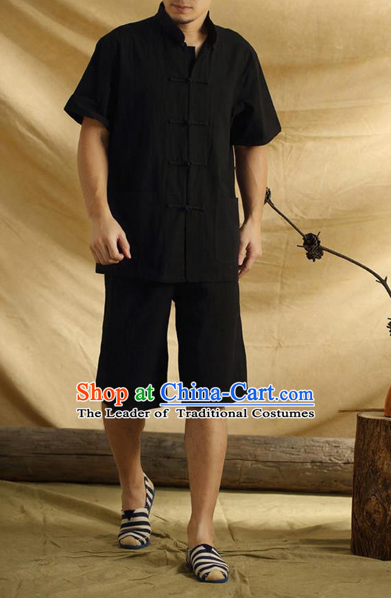 Traditional Top Chinese National Tang Suits Linen Front Opening Costume, Martial Arts Kung Fu Stand Collar Short Sleeve Black T-Shirt, Chinese Kung fu Plate Buttons Upper Outer Garment Blouse, Chinese Taichi Thin Shirts Wushu Clothing for Men