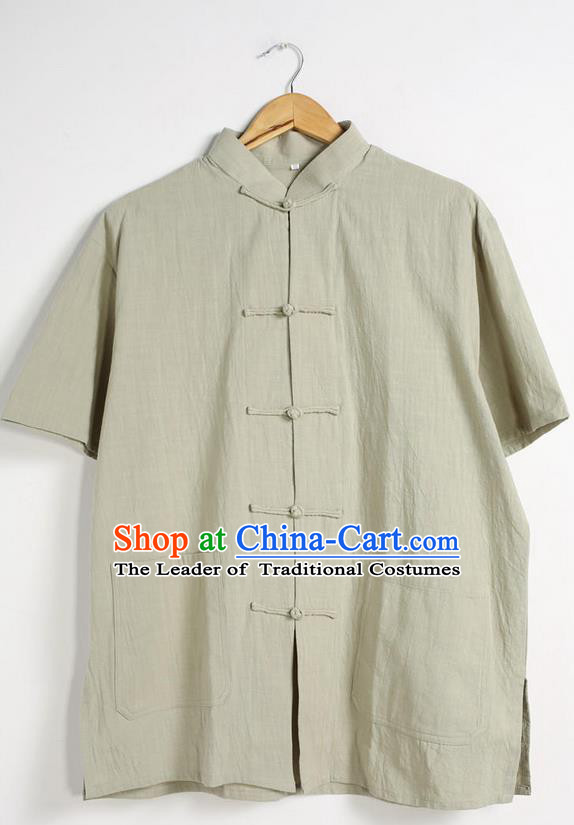 Traditional Top Chinese National Tang Suits Linen Front Opening Costume, Martial Arts Kung Fu Stand Collar Short Sleeve Green T-Shirt, Chinese Kung fu Plate Buttons Upper Outer Garment Blouse, Chinese Taichi Thin Shirts Wushu Clothing for Men