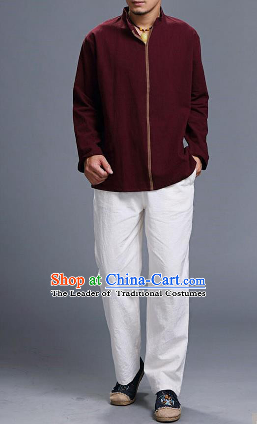 Traditional Top Chinese National Tang Suits Linen Costume, Martial Arts Kung Fu Stand Collar Long Sleeve Dark Red Overcoat, Chinese Kung fu Upper Outer Garment Blouse, Chinese Taichi Thin Shirts Wushu Clothing for Men