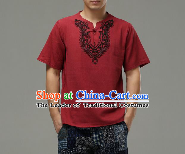 Traditional Top Chinese National Tang Suits Linen Costume, Martial Arts Kung Fu Embroidery Short Sleeve Red T-Shirt, Chinese Kung fu Plate Buttons Upper Outer Garment Blouse, Chinese Taichi Thin Shirts Wushu Clothing for Men