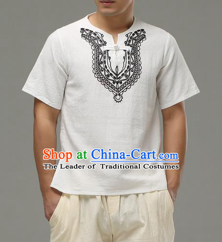 Traditional Top Chinese National Tang Suits Linen Costume, Martial Arts Kung Fu Embroidery Short Sleeve White T-Shirt, Chinese Kung fu Plate Buttons Upper Outer Garment Blouse, Chinese Taichi Thin Shirts Wushu Clothing for Men