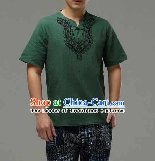 Traditional Top Chinese National Tang Suits Linen Costume, Martial Arts Kung Fu Embroidery Short Sleeve Green T-Shirt, Chinese Kung fu Plate Buttons Upper Outer Garment Blouse, Chinese Taichi Thin Shirts Wushu Clothing for Men