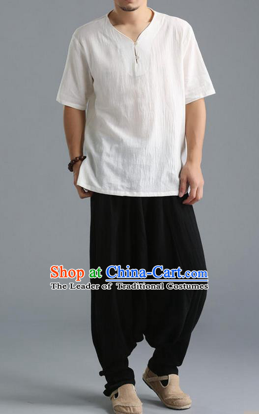 Traditional Top Chinese National Tang Suits Linen Costume, Martial Arts Kung Fu Short Sleeve White Shirt, Chinese Kung fu Plate Buttons Upper Outer Garment Blouse, Chinese Taichi Thin Shirts Wushu Clothing for Men