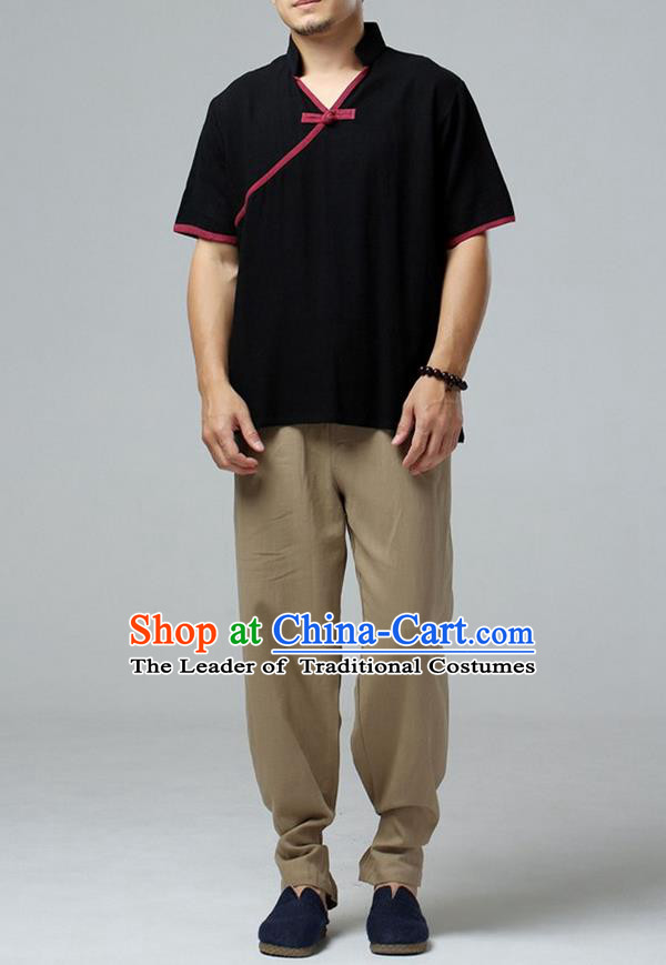 Traditional Top Chinese National Tang Suits Linen Slant Opening Costume, Martial Arts Kung Fu Short Sleeve Black Shirt, Chinese Kung fu Plate Buttons Upper Outer Garment Blouse, Chinese Taichi Thin Shirts Wushu Clothing for Men