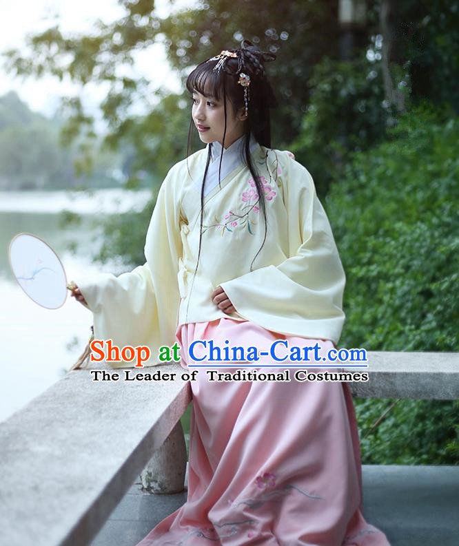 Traditional Ancient Chinese Female Costume Blouse and Dress Complete Set, Elegant Hanfu Clothing Chinese Ming Dynasty Palace Lady Embroidered Peach Blossom Clothing for Women