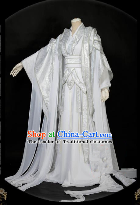 Traditional Asian Chinese Ancient Nobility Childe Costume, Elegant Hanfu White Dress, Chinese Imperial Prince Embroidered Clothing, Chinese Cosplay Prince Costumes for Men