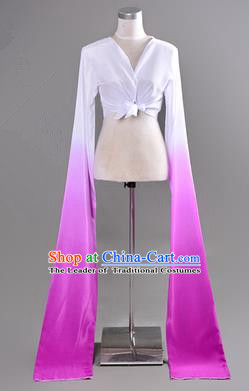 Traditional Chinese Long Sleeve Water Sleeve Dance Suit China Folk Dance Koshibo Long White and Purple Gradient Ribbon for Women