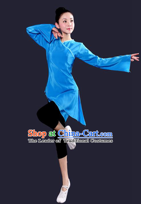 Traditional Chinese Yangge Fan Dancing Costume, China Folk Dance Yangko Dance Blue Dress For Women