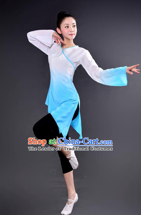 Traditional Chinese Yangge Fan Dancing Costume, China Folk Dance Yangko Dance Light Blue Dress For Women