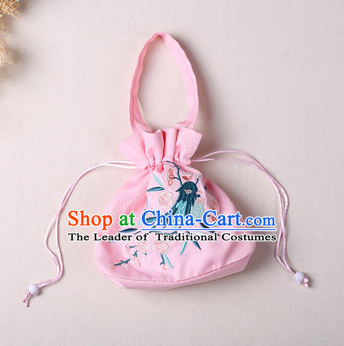 Traditional Ancient Chinese Embroidered Handbags Embroidered Bird Flowers Round Pink Bag for Women