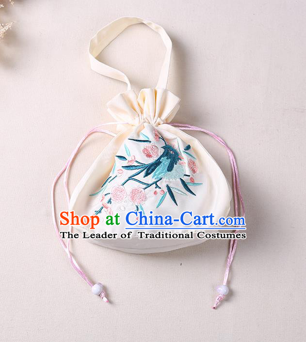 Traditional Ancient Chinese Embroidered Handbags Hanfu Embroidered Bird Flowers Round Beige Bag for Women