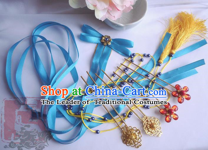 Traditional Handmade Chinese Ancient Classical Blue Bowknot Hair Accessories Complete Set, Hair Sticks Tassel Hair Jewellery, Hair Fascinators Hairpins for Women