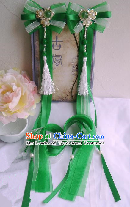 Traditional Handmade Chinese Ancient Classical Green Bowknot Hair Accessories, Hair Sticks Tassel Hair Jewellery, Hair Fascinators Hairpins for Women