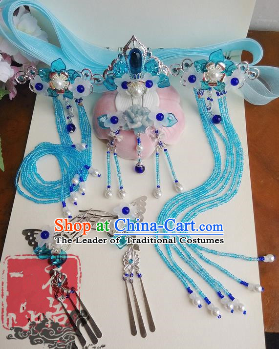 Traditional Handmade Chinese Ancient Classical Blue Flowers Hair Accessories Complete Set, Hair Sticks Tassel Hair Jewellery, Hair Fascinators Hairpins for Women