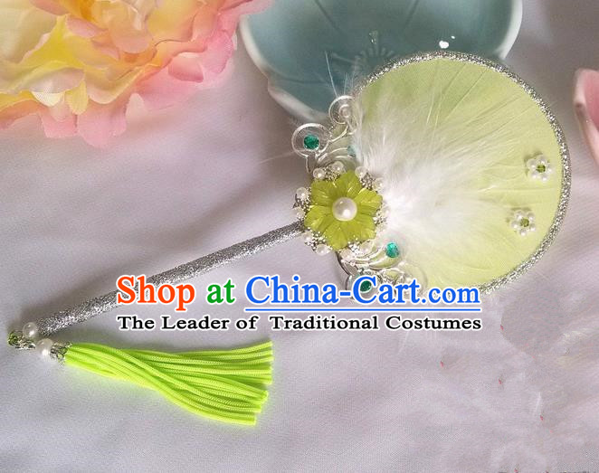 Traditional Chinese Handmade Ancient Hanfu Cosplay Yellow Feather Little Round Fan Props