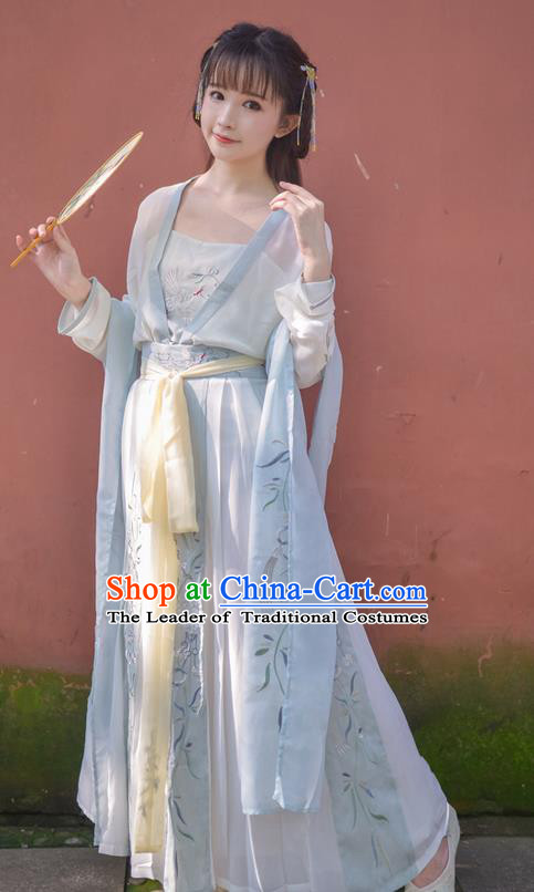 Traditional Ancient Chinese Female Costume Blouse and Dress Complete Set, Elegant Hanfu Clothing Chinese Tang Dynasty Palace Princess Embroidered Crane Clothing for Women