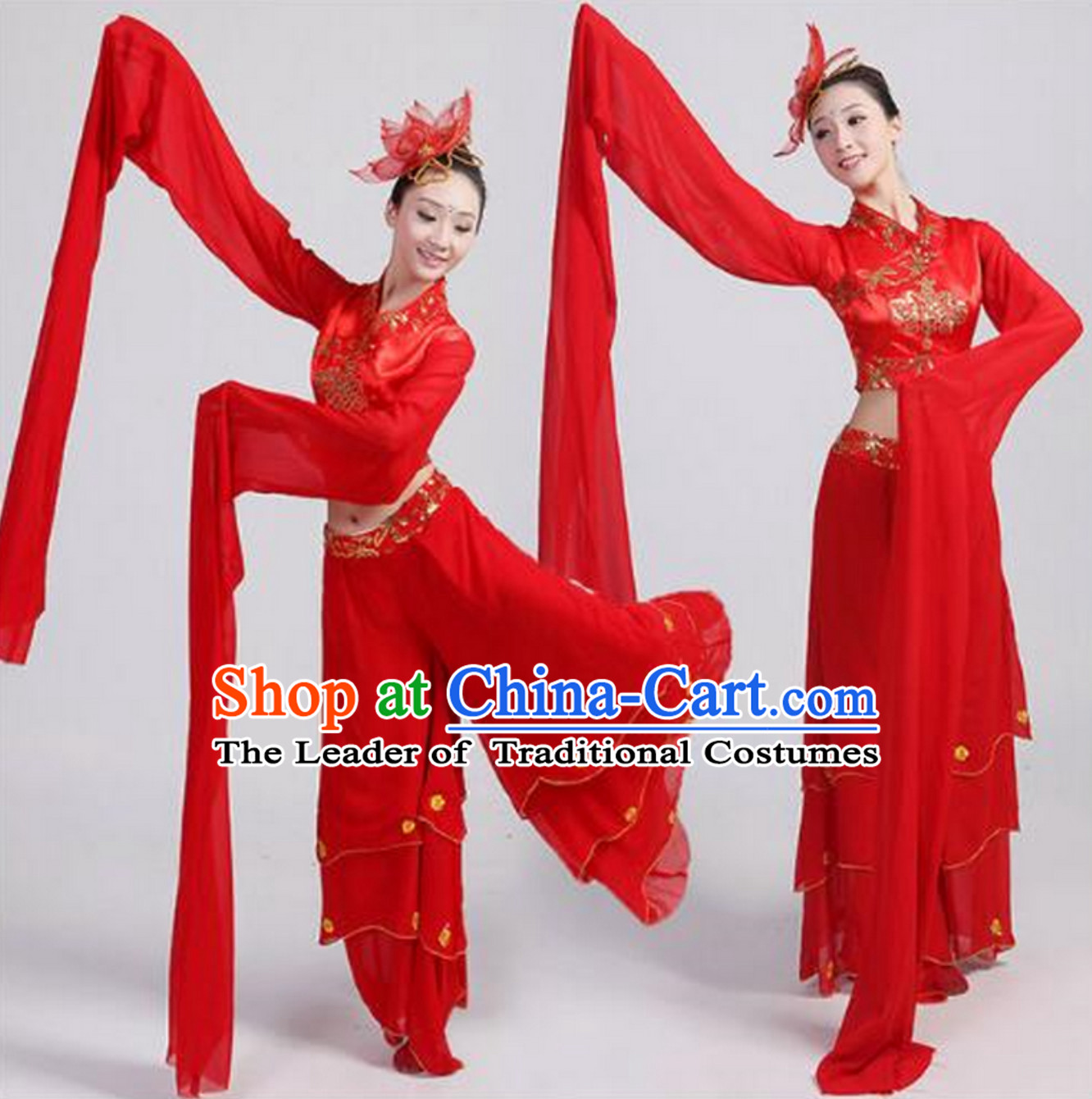 Chinese Lucky Red Water Sleeve Dance Costumes and Hair Decorations for Women