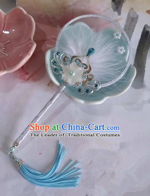 Traditional Chinese Handmade Ancient Hanfu Cosplay Round Blue Little Fan Props