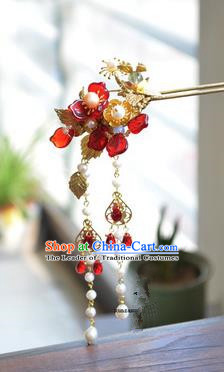 Traditional Handmade Chinese Ancient Princess Classical Hanfu Accessories Jewellery Red Flowers Coloured Glaze Hair Sticks Hair Jewellery, Tassel Hair Fascinators Hairpins for Women