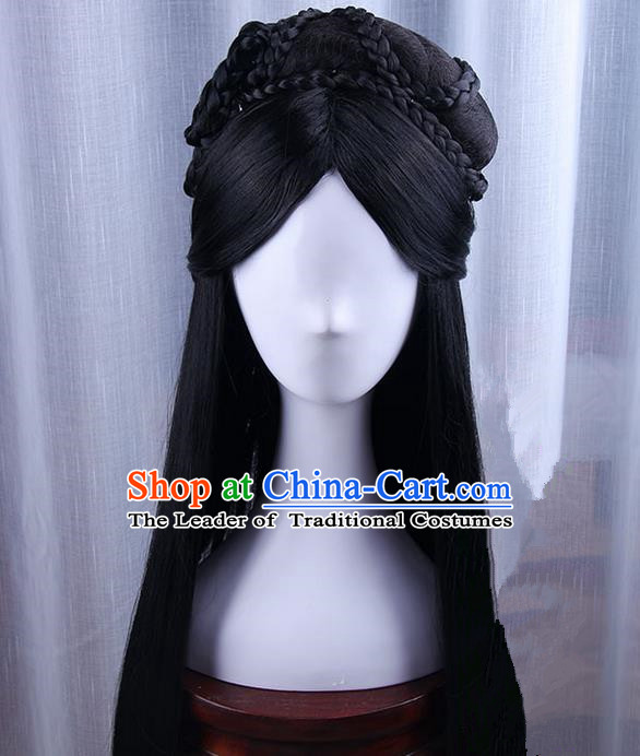 Traditional Handmade Ancient Chinese Tang Dynasty Princess Wig, Ancient Hanfu Chinese Empress Wig for Women
