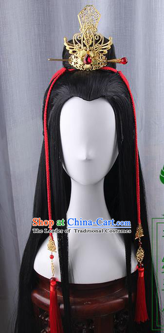 Traditional Handmade Ancient Chinese Tang Dynasty Imperial Prince Wedding Hair Decoration and Wig Complete Set, Ancient Chinese Swordsman Headwear and Wig for Men