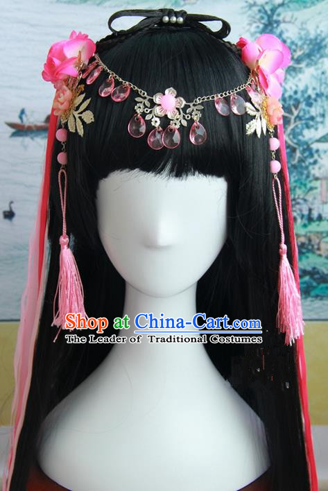 Traditional Handmade Ancient Chinese Han Dynasty Imperial Empress Hair Decoration and Wig Complete Set, Ancient Chinese Cosplay Fairy Queen Hanfu Headwear and Wig for Women