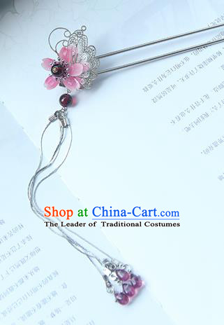 Traditional Handmade Chinese Ancient Princess Classical Hanfu Accessories Jewellery Pink Butterfly Hair Sticks Hair Step Shake, Tassel Hair Fascinators Hairpins for Women